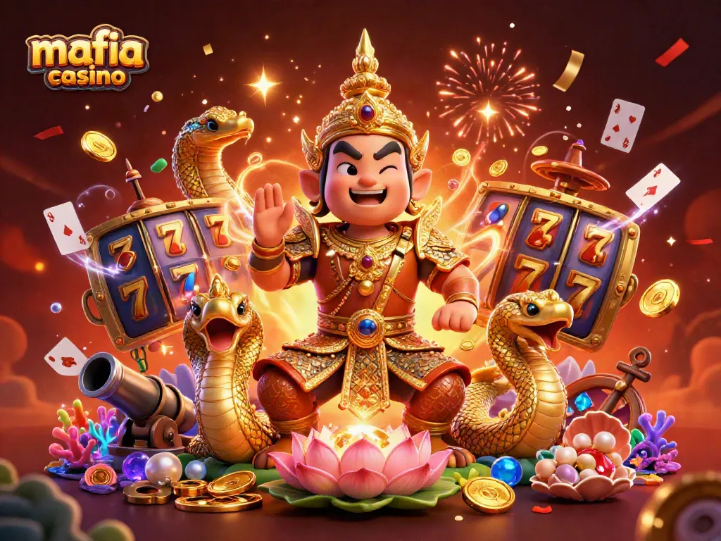 Mafia Casino illustration featuring a guardian and Naga serpents among slot games and confetti.