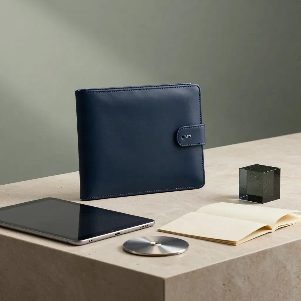 Folio Borsa Pro aperto con tablet, disco dati e booklet su pietra, luce soffusa post-pioggia.