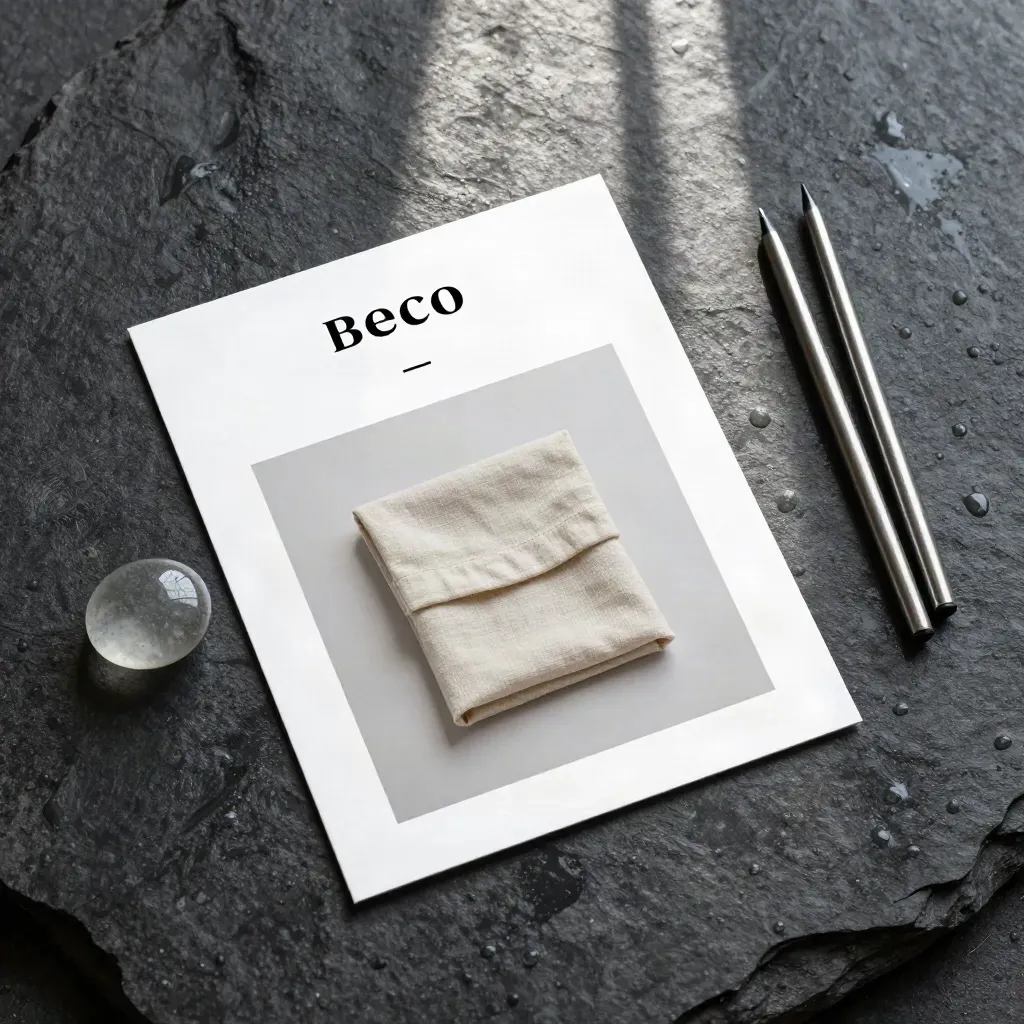 Piatto overhead con deck per avvisi di borsa su basalto bagnato, vetro, lino e metallo.