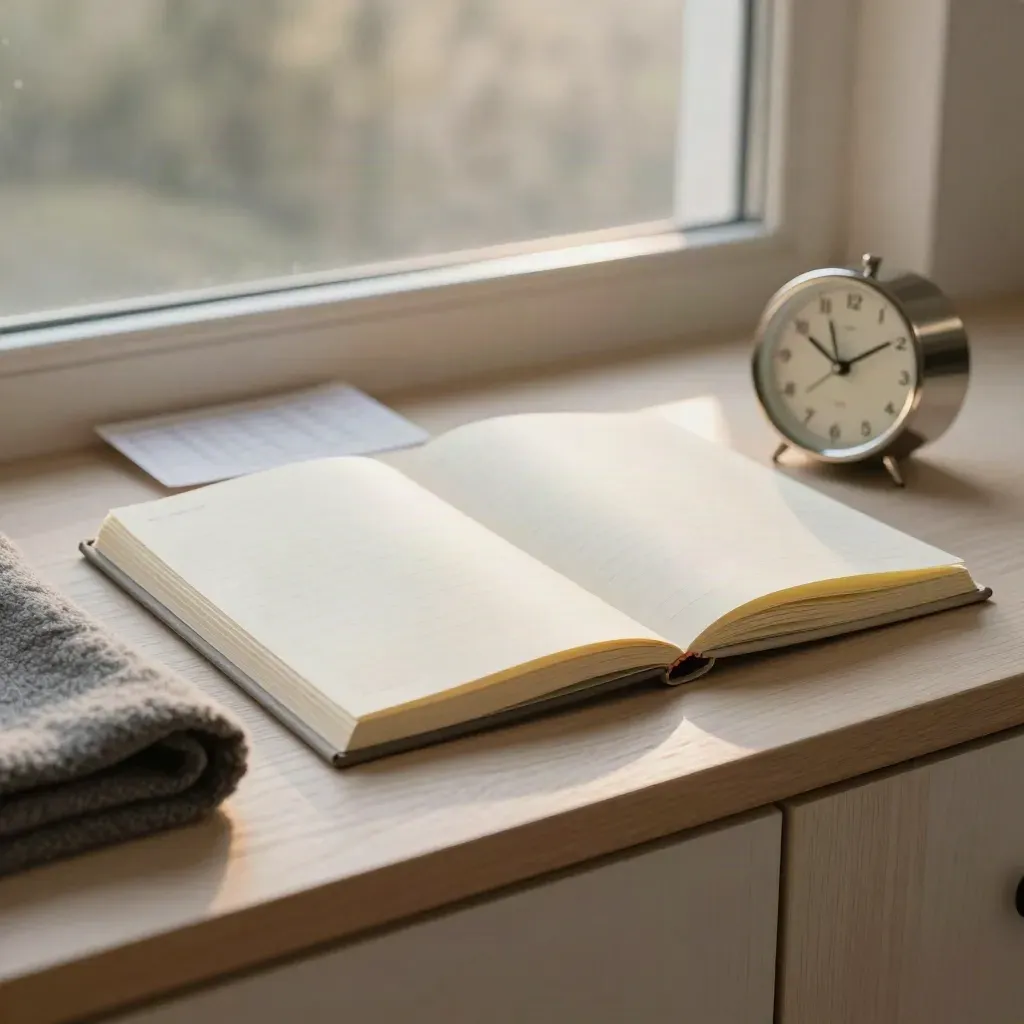 Folio crema per utili con orologio in acciaio e panno di lana su legno chiaro