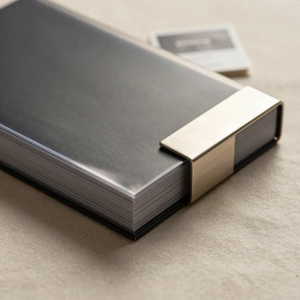 Folio antracite con tasche trasparenti su tessuto chiaro, macro editoriale di lusso.