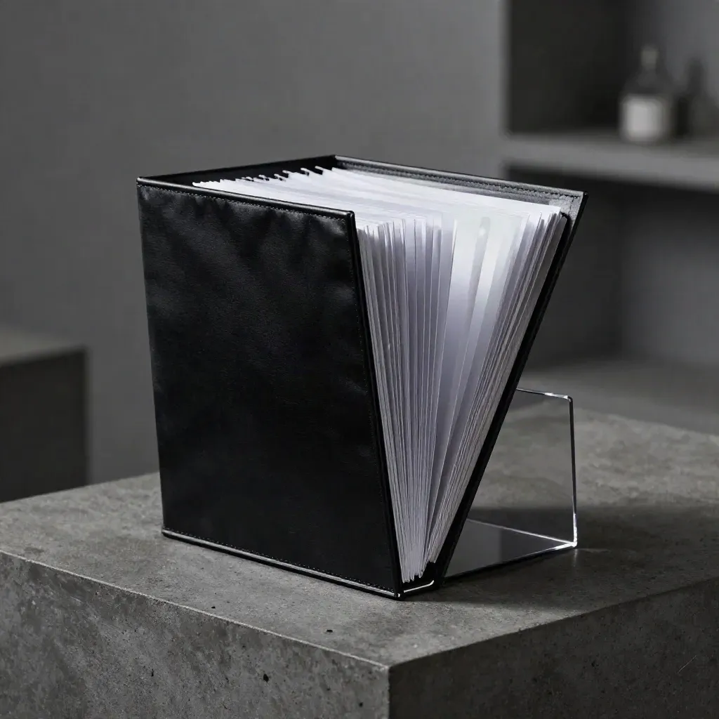 Raccoglitore nero satinato con dorso argento su supporto acrilico scuro, in luce da studio.