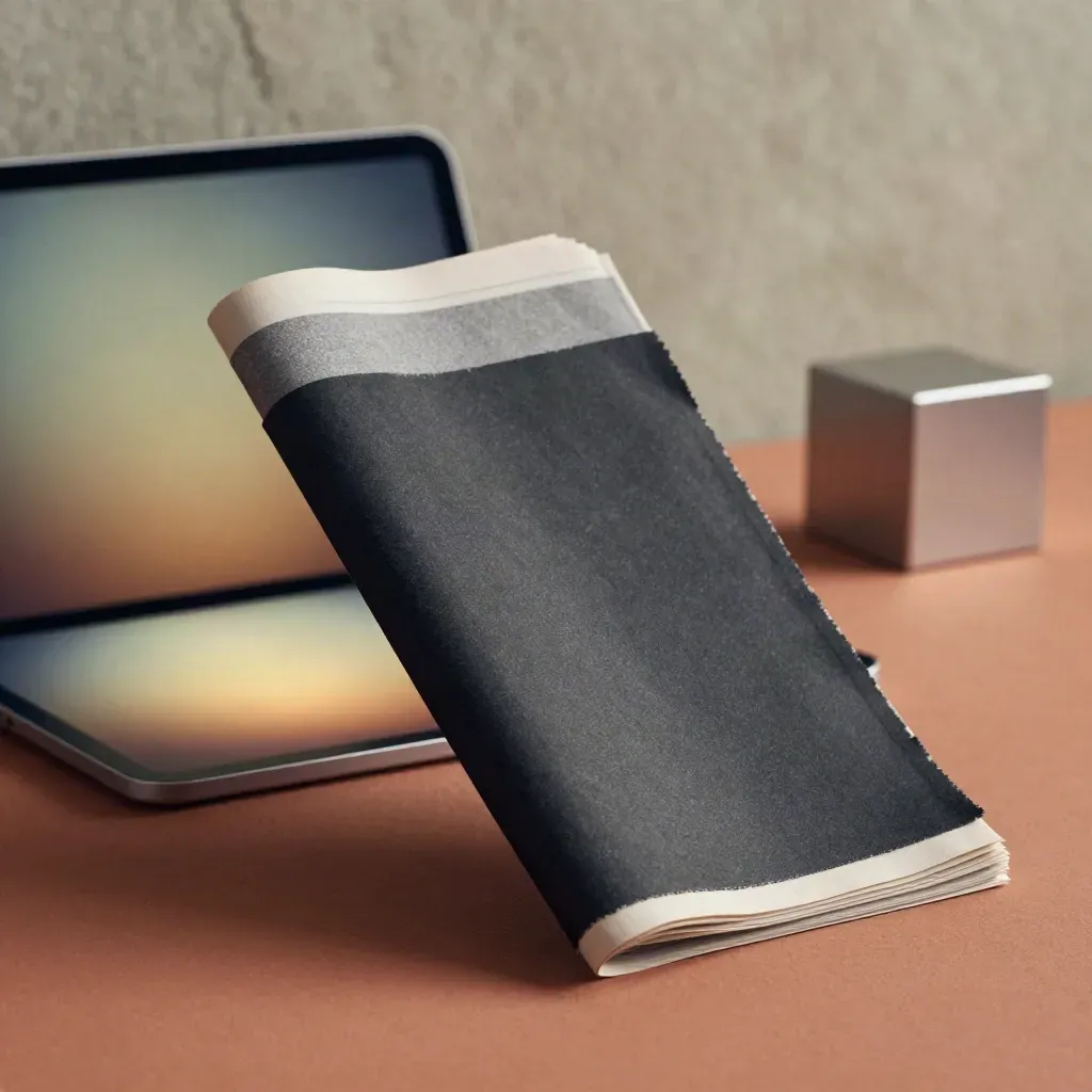 Sleeve di notizie finanziarie con tablet e cubo d’argento su piano in terracotta.