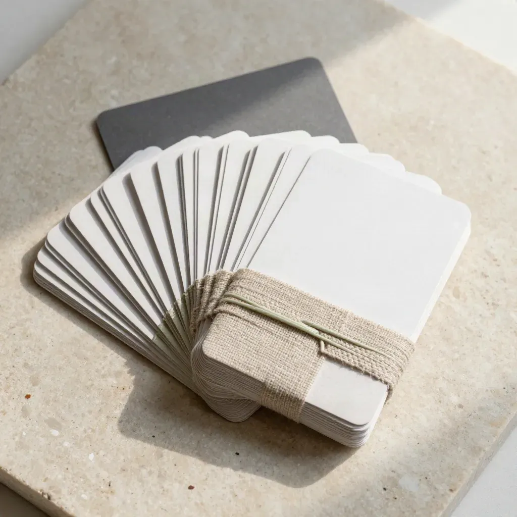 Deck di avvisi dividendi in bianco e grafite su pietra chiara, con fascia di lino e ciottolo.