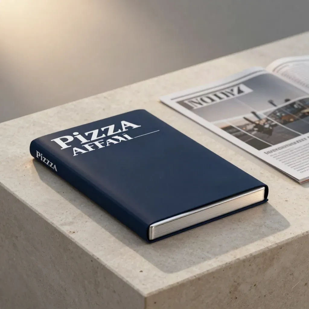 Pacco notizie blu notte con bordo argentato e tablet sfocato su base elegante.