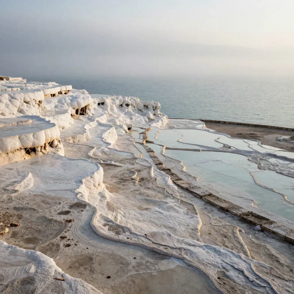 Terrazza in travertino sospesa sul mare con foschia e luce morbida.